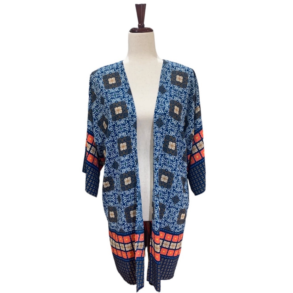 PEPPERMINT Blue and Orange Print Kimono Size S/M